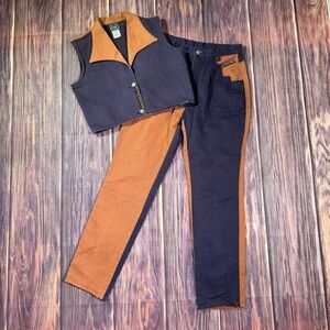 Women's Vintage Western Ethics 2-Tone Tan & Navy Pants & Vest Set Bareback Jeans